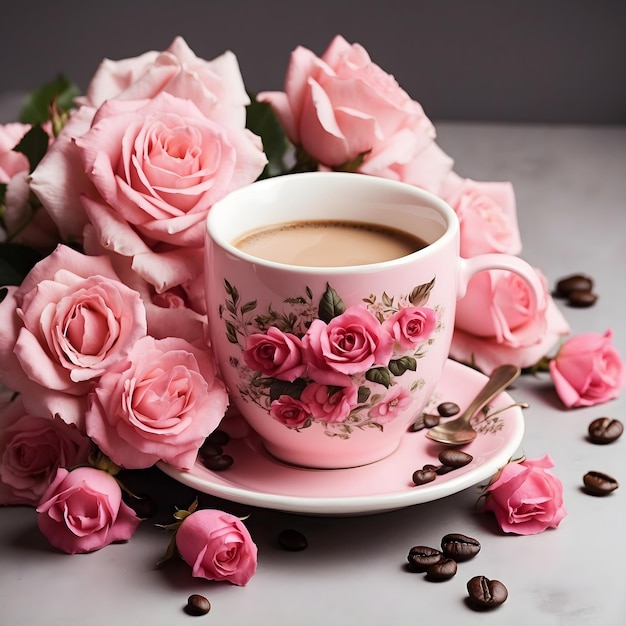 Filiżanka kawy otoczona różowymi różami