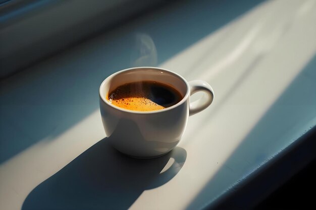 filiżanka kawy siedząca na szczycie okiennicy