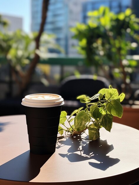 filiżanka kawy siedzi na stole z rośliną na tle