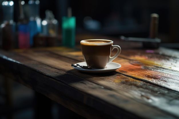Filiżanka kawy stoi na drewnianym stole w ciemnym pokoju.