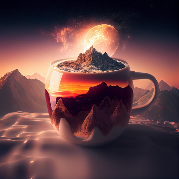filiżanka kawy wypełniona śnieżną górą i zachodem słońca