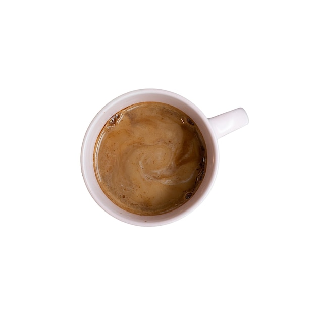 Zdjęcie filiżanka kawy z białą rączką i biała filiżanka z wirującą pianką.