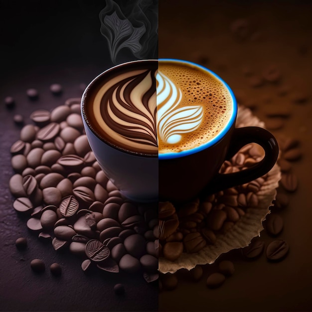 Filiżanka kawy z bitą śmietaną Ilustracja na tle ziaren kawy stworzona przy użyciu technologii Generative AI