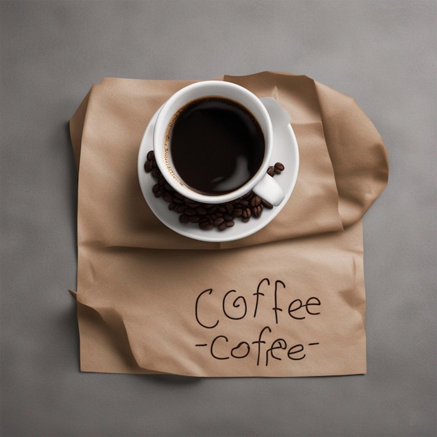 filiżanka kawy z brązową serwetką obok i brązowym papierem z informacją, że kawa została wygenerowana