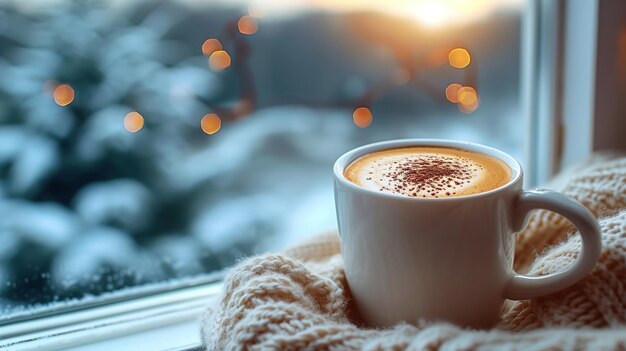 filiżanka kawy z ciepłym szalikem na parapecie w zimowy dzień
