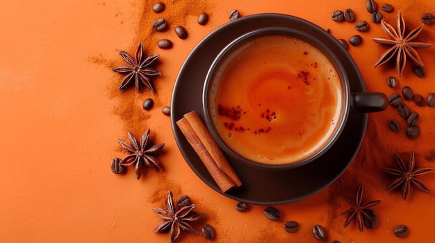 filiżanka kawy z cynamonem i anisem gwiazdkowym na pomarańczowym tle z cynamonami i gwiazdką