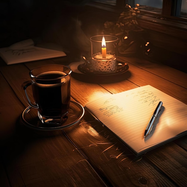 Filiżanka kawy z długopisem i notatnikiem na drewnianym stole