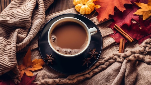 Filiżanka kawy z jesiennym liściem na stole