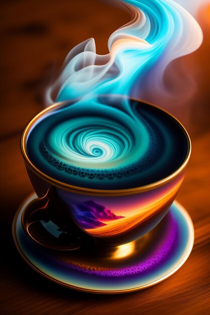 filiżanka kawy z kolorowym dymem