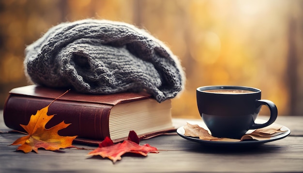 Zdjęcie filiżanka kawy z książkami jesienne liście i szalik z dzianiny na drewnianym tle ai generated