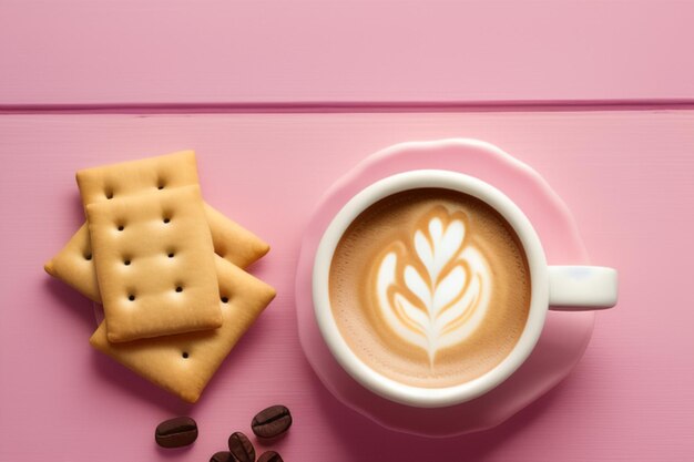 Filiżanka kawy z latte art i krakersem z boku.