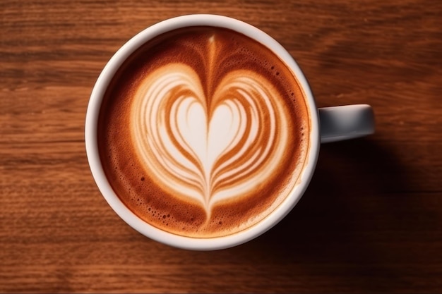 Filiżanka kawy z mlekiem i pianką w kształcie serca, gorąca czekolada lub cappuccino zbliżenie Generative AI