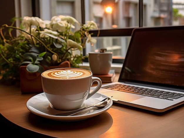 Filiżanka kawy z mlekiem pracująca na komputerze Światowy dzień kawy koncepcja generowała ai
