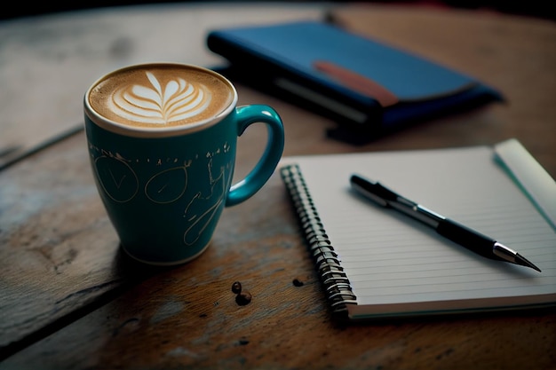 Filiżanka kawy z notatnikiem i długopisem na drewnianym stole w kawiarnigenerative ai