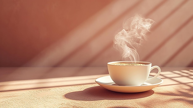 Zdjęcie filiżanka kawy z parą i światłem słonecznym izolowanym na brązowym tle
