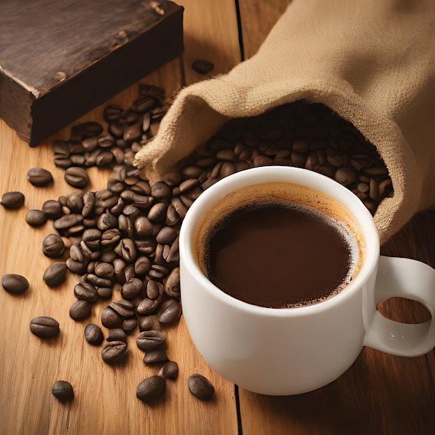 Zdjęcie filiżanka kawy z ręką trzymającą pudełko ziaren kawy