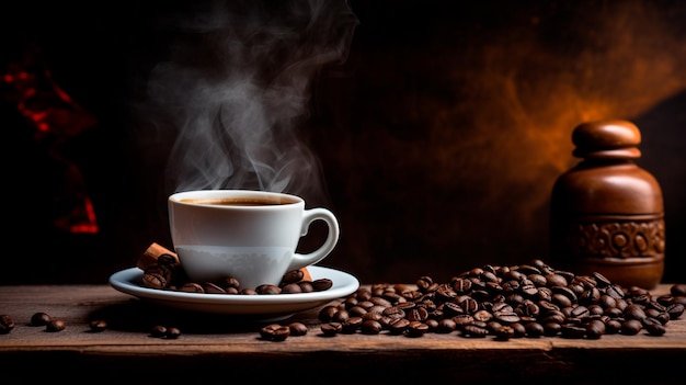 filiżanka kawy z ziaren kawy na drewnianym stole Generatywna AI