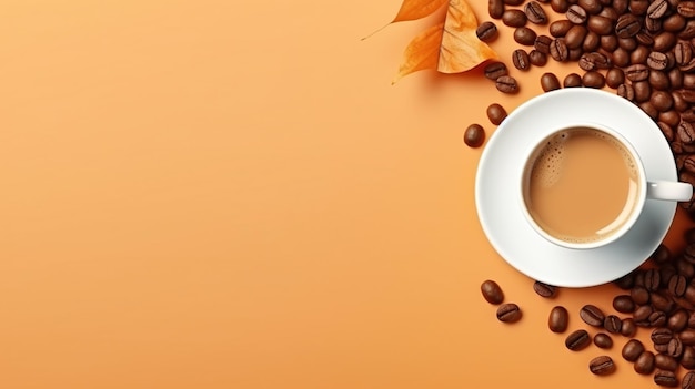 Zdjęcie filiżanka kawy z ziarnami kawy na minimalistycznym tle kopiowanie prezentacji przestrzeni napojów