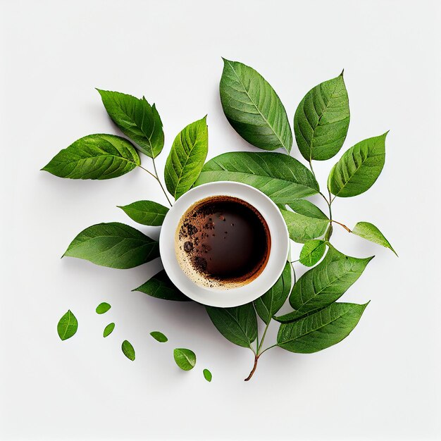 Filiżanka kawy z zielonymi liśćmi budzi rano gorący napój z kofeiną zrób sobie przerwę