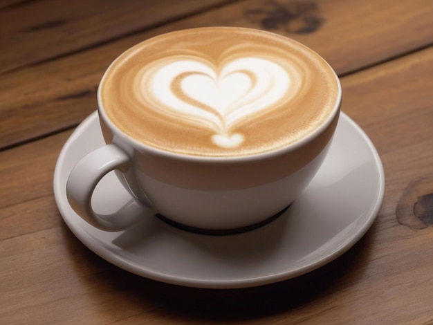 Zdjęcie filiżanka kremowego cappuccino wiruje kawą na drewnianym stole