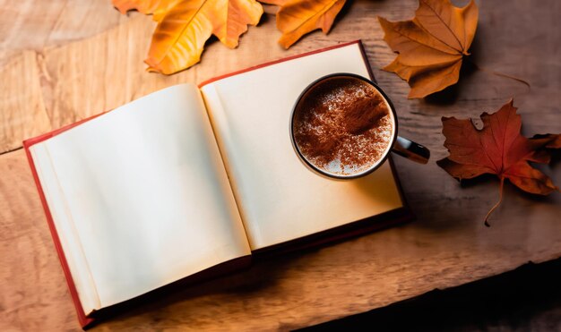 Zdjęcie filiżanka latte z posypanym wzorem obok starej książki na drewnianym stole i jesienne liście