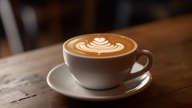 Filiżanka latte z wzorem latte art na krawędzi