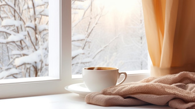 Filiżanka parzącej się kawy z kocem na oknie na zimowym śnieżnym tle
