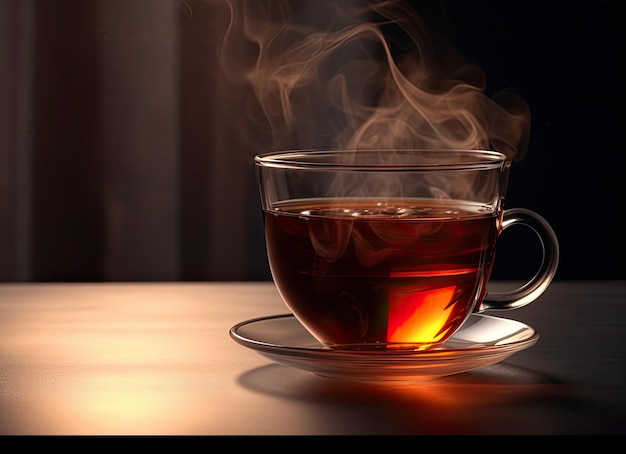 filiżanka świeżo parzonej czarnej herbaty ucieczka z pary ciepła miękka jasna ciemniejsze tło stworzone za pomocą technologii generatywnej sztucznej inteligencji