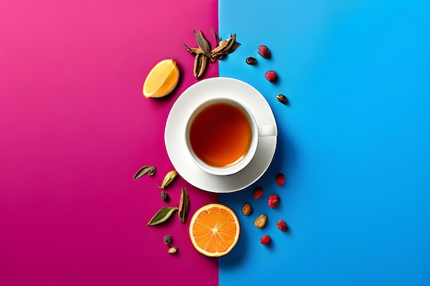 Zdjęcie filiżanka z czarną herbatą i cytryną na różowym i niebieskim tle