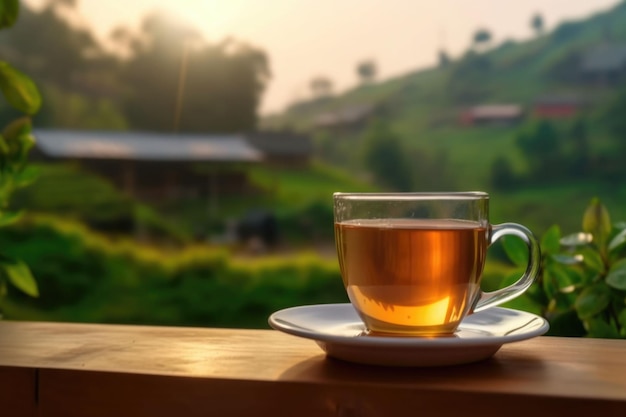filiżanka z herbatą na drewnianym stole i plantacja herbaty na rozmytym tle Generatywna sztuczna inteligencja