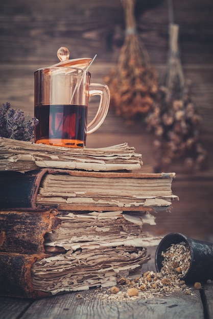 Filiżanka zdrowej herbaty lub nalewki ziołowej na stosie książek moździerz stokrotek ziół pęczki ziół