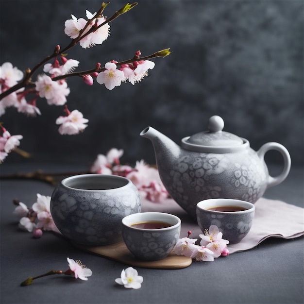 filiżanki herbaty i czajnik obok kwiatów sakury japońska herbata generowana przez sztuczną inteligencję