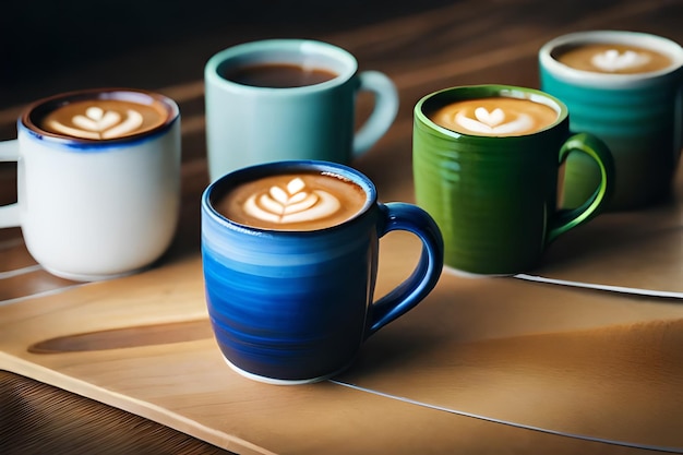 filiżanki kawy na stole z słowami latte art na nich