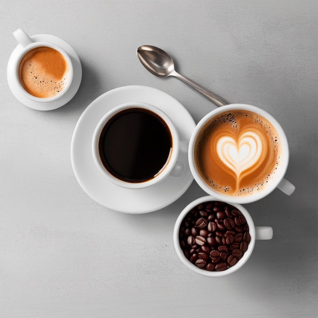 filiżanki kawy z malownictwem latte w kształcie serca na szarym tle widok z góry