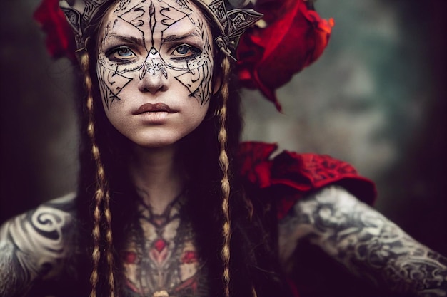 Film Epicki Portret Kobiety Elf Nekromanta Ze Szczegółowymi Tatuażami Plemiennymi Koncepcja Fantasy Wyścigi Sztuka Generowana Przez Ai