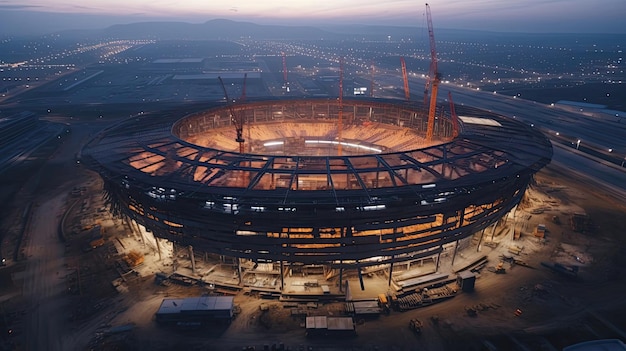 Film poklatkowy przedstawiający oddaną ekipę budowlaną skrupulatnie budującą duży stadion sportowy Wygenerowane przez sztuczną inteligencję