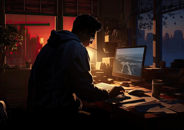 Filmowe ujęcie ilustratora pracującego do późna w nocy przy dramatycznym, długotrwałym oświetleniu
