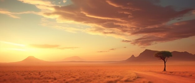 Filmowy afrykański krajobraz z pojedynczym zielonym drzewem na rozległej pustyni
