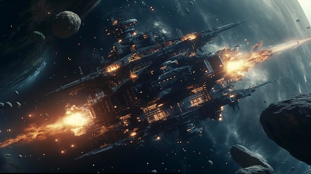 Filmowy Nadal intensywna bitwa kosmiczna między dwoma masywnymi okrętami wojennymi gwiezdne niebo mgławice galaktyki HDR futurystyczne okręty wojenne kosmiczne niszczyciele podróżujące przez pole asteroid generują ai