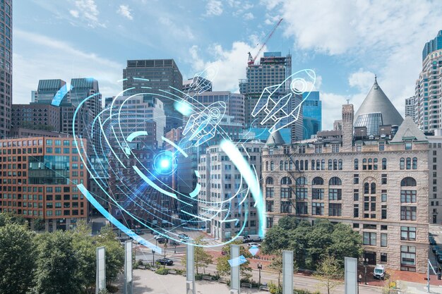 Zdjęcie finansowe śródmieście panorama bostonu z obszaru harbour w ciągu dnia massachusetts startup rozpoczyna projekt firmy w celu opracowania i zatwierdzenia skalowalnego hologramu modelu biznesowego