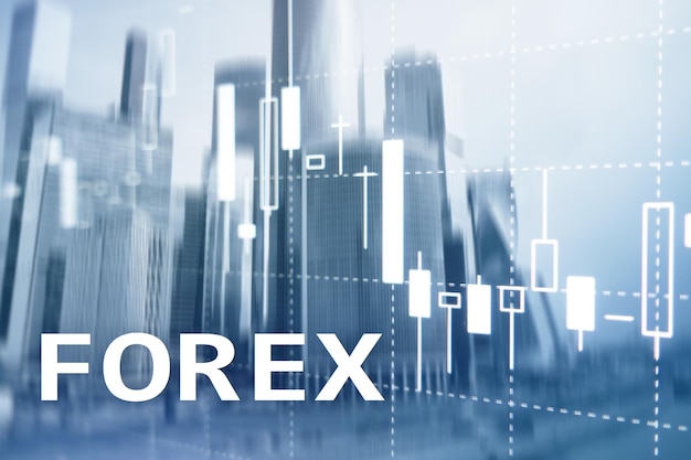 Finansowy wykres świecowy i wykresy na rynku Forex na rozmytym tle centrum biznesowego