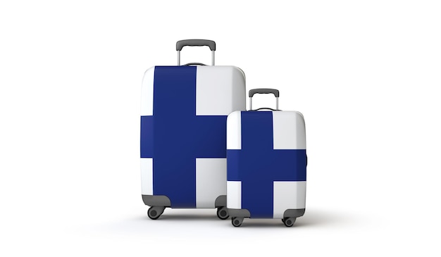 Finlandia flaga wakacyjne walizki podróżne na białym tle na białym d render