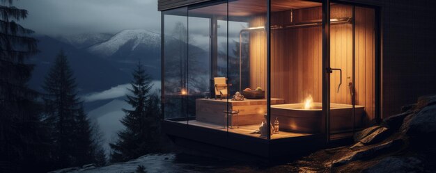 Fińska drewniana sauna w górach Generative ai