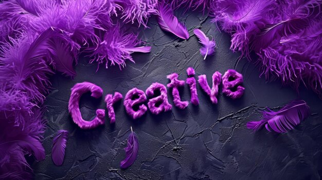 Zdjęcie fiolet fur creativity concept art poster słowo creative wykonane w teksturowanych literze poziome