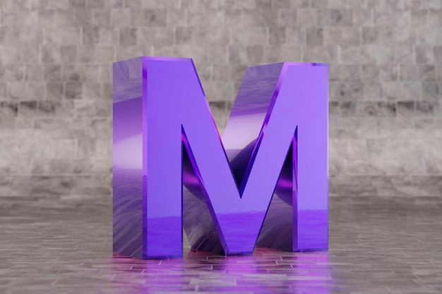 Fioletowa 3d litera M wielka. Błyszczący list indygo na tle płytki. Metaliczny alfabet z odbiciami światła studyjnego. 3D renderowany znak czcionki.