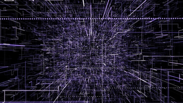 Fioletowa abstrakcyjna wirtualna przestrzeń latająca cyfrowa podróż tunelem danych