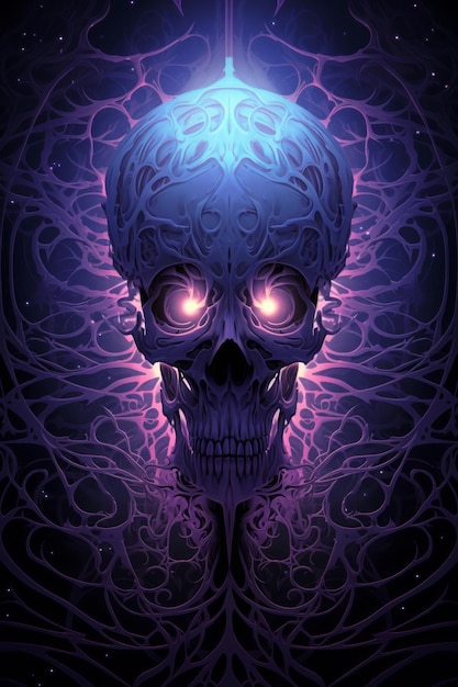 fioletowa czaszka ze świecącymi oczami na ciemnym tle