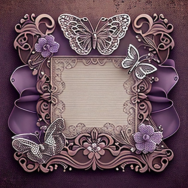 Fioletowa i fioletowa ramka na zdjęcia z motylami i wstążką.