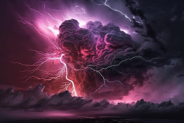 Fioletowa i różowa burza z piorunami z dużą chmurą na niebie