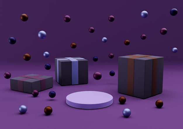 fioletowa ilustracja 3D minimalna dekoracja wyświetlania produktu Bombki choinkowe kolorowe prezenty